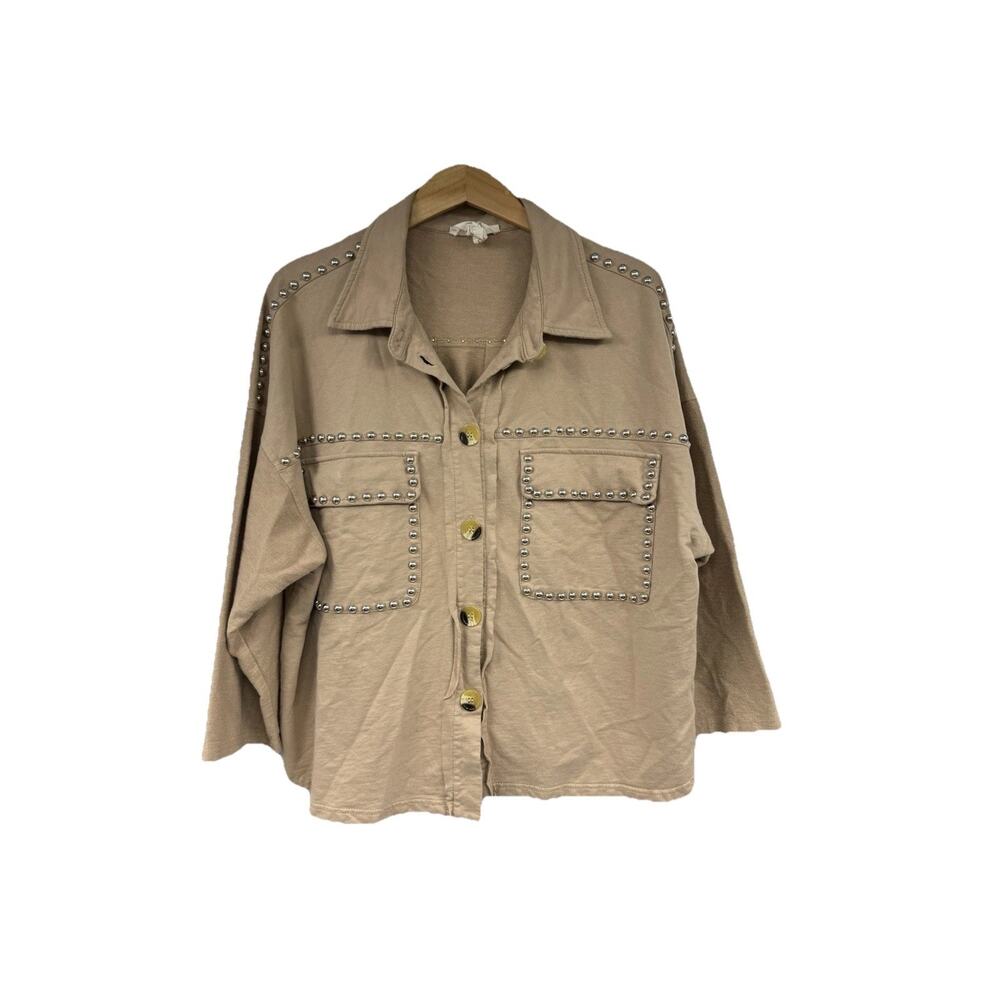 Fantastic Fawn Cotton Studded Oversized Boxy Jacket Shacket Tan Boutique Women L